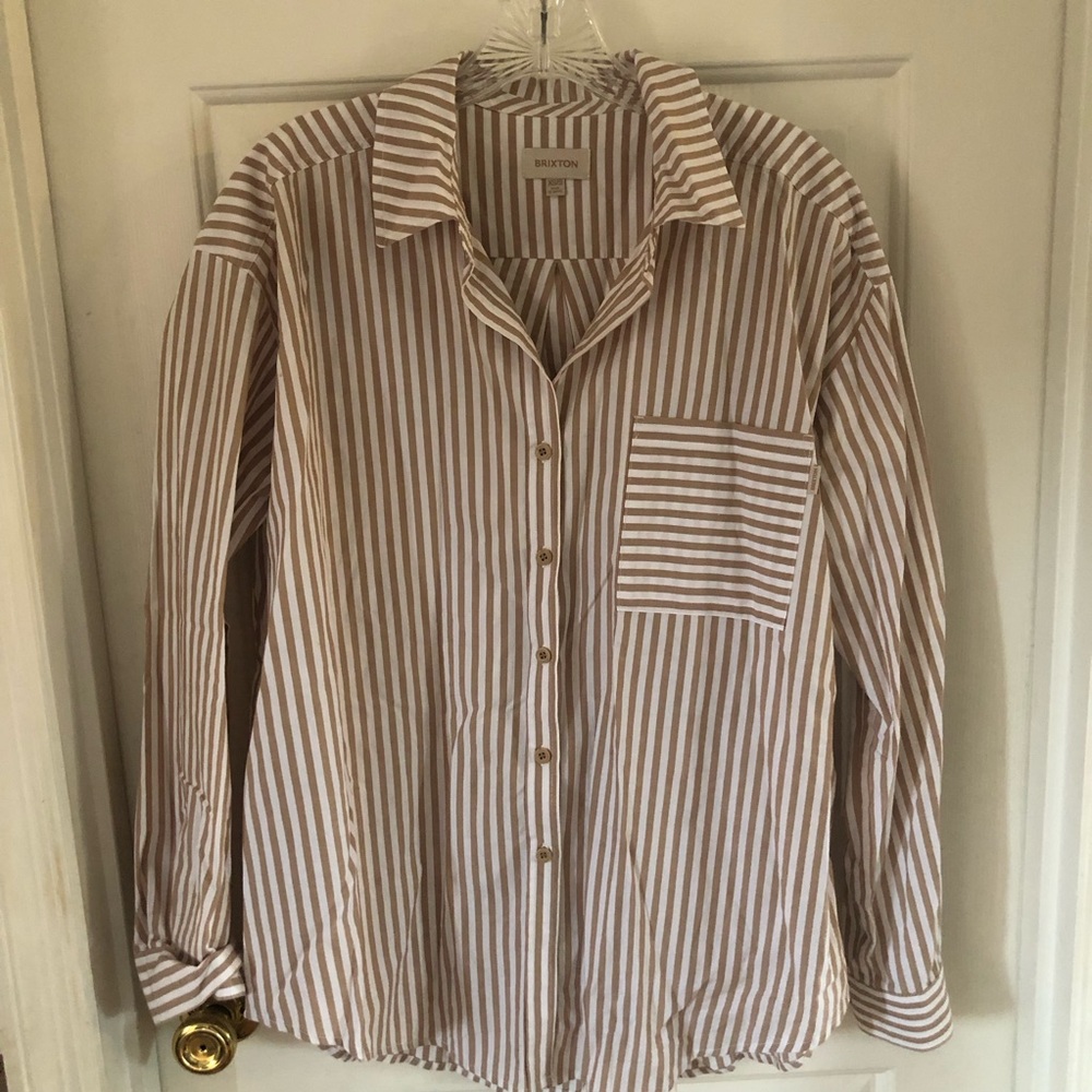 Brixton Sidney Oversized Tan Striped Button Shirt Long Sleeve Women XS S NWT